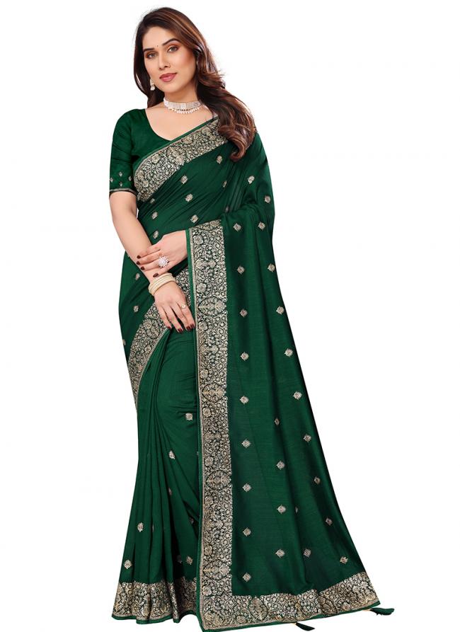 Vichitra Blooming Bottle Green  Daily Wear Zari Work Saree